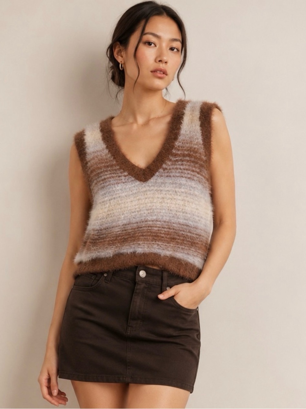 Sunday Best Brown, Cream & Gray Striped V-Neck Sweater Vest